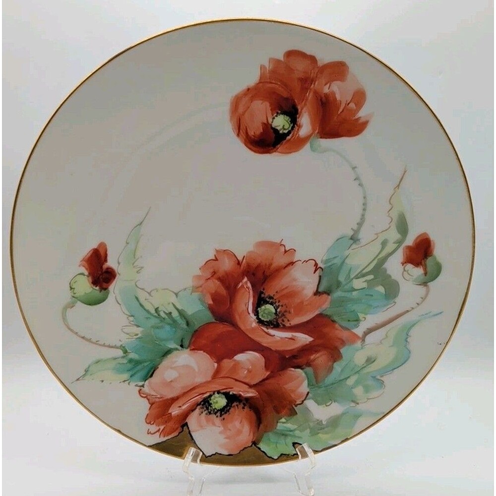 Antique Saxony Poppy Charger Hand Painted Germany 12.5" Botanical Floral Gold